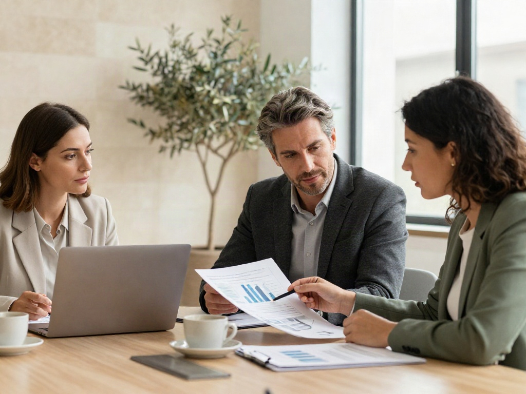 A collaborative business review with consultants discussing performance charts